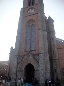 The front of Myeongdong Catholic Cathedral.